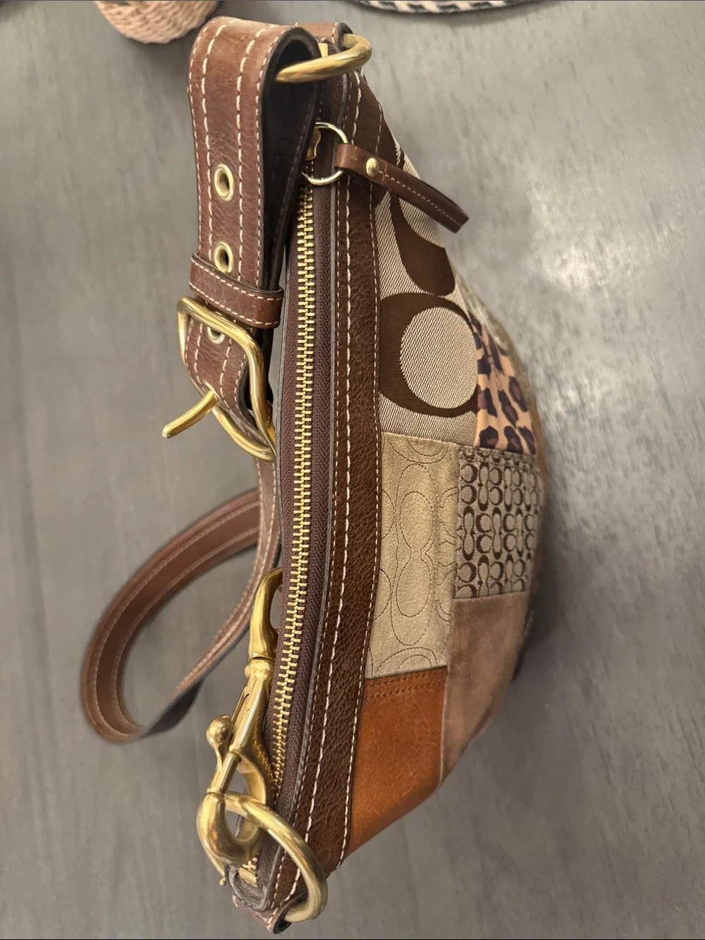 Coach Patchwork Signature Crossbody Bag Brown Animal Print Suede RARE F12840